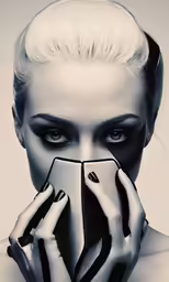 a woman with black and white make up is holding up something to her face