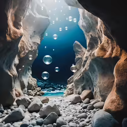 an underwater scene showing clear water, rocks, and bubbles in the sea