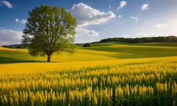 a tree standing on a lush green hill