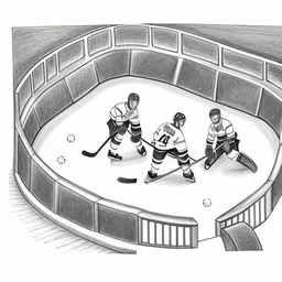 a drawing of hockey players playing on an ice rink,an ink drawing of hockey players skating on an ice rink