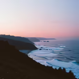 the coast of a beach covered in a forest during the sun sets