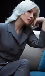 woman with white hair posing in a suit