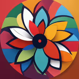 colorful circular painting with red, yellow and blue colors,a close up of a circular piece of art
