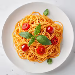 spaghetti with tomatoes and basil on a plate