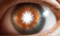 a close - up image of an eye with a bright light shining through it