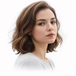 a woman with shoulder length brown hair and a side parted bob is looking straight ahead in white shirt