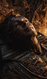 a man in chains and headpiece laying in front of fire