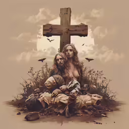 a beautiful blonde woman sitting in the grass next to a cross