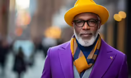 man in yellow hat and purple suit in a city street