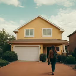 a woman walks away from her house with her hands in her pockets