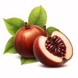 two fruits are cut in half on a white surface