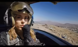 a female pilot in a cockpit talking on her cellphone