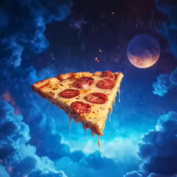 a piece of pizza flying into the night sky