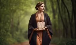 a woman in an orange dress is holding a beige purse