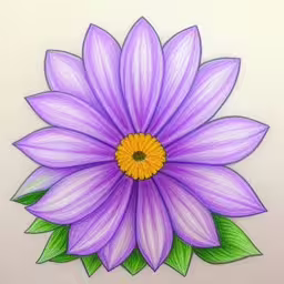 purple flower on white background painted in colored pencil,a painting of a purple flower on a white background,a drawing of a purple flower with leaves,an image of a flower on the paper,an easy colored drawing of a purple flower on paper