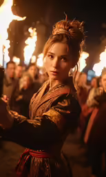 a girl wearing a medieval dress holding a stick