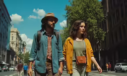 a man and woman walking through the street with one carrying a purse