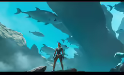 a girl standing on top of a rock near a bunch of fish