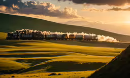 train on tracks passing through rolling grass at dusk,an image of a train moving down the track