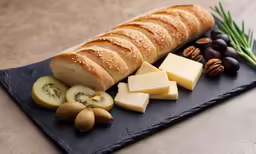 bread and grapes sit on a slate plate
