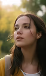 the woman is looking out to the woods