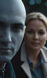 a woman is wearing a business jacket and the man in the suit is looking in a different direction