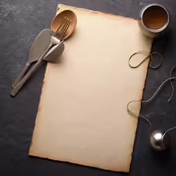 a spoon, knife and fork on an old sheet of parchment paper