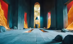 the interior of an architectural building in orange and blue