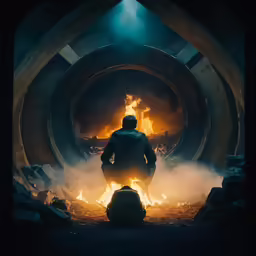 a man standing in a room filled with lots of smoke and flames