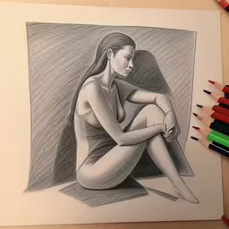 a drawing that has colored pencils around her body,a pencil drawing of a seated woman
