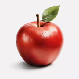 a single red apple with a green leaf on it