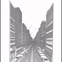 a drawing of cars drive on an empty city street,an illustrated drawing of a city street,a drawing of a city road with buildings on both sides,a car driving down a street between tall buildings,a black and white drawing of cars going down a city street