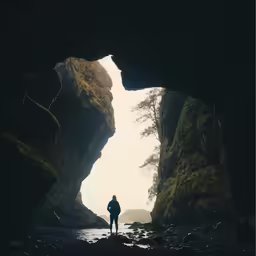 man in dark cave with mountains in the background