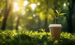 a coffee cup with the same plant as it sits in the grass