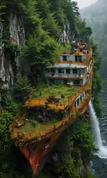 an abandoned boat is submerged in the water by a waterfall