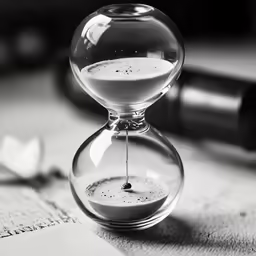 an hourglass on a table, with a ball sitting in the center