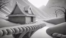 an abstract painting shows houses, trees and mountains