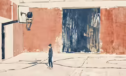 a drawing of a young child walking down an alley way