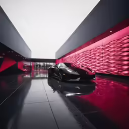 a sports car sits on the dark shiny floor