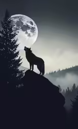 a lone wolf stands atop a mountain at night