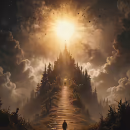 a man walking down a road under a large sun