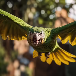 a large green parrot with an open mouth and wings