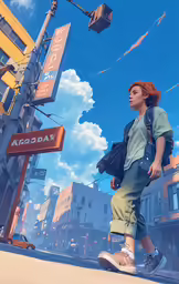 a person on a city street, with a sign in the background