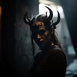 woman in horned headgear looking into distance