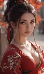 a woman wearing a red gown in front of trees