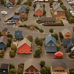 the streets are lined with houses and parking lot