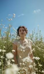 a woman in an all white dress standing in a field