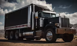 a large truck parked on a dirt road,large black truck with semi - trailer parked in an open field