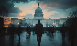a very blurry photo of people walking around in front of the us capitol building