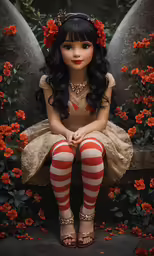 a little girl with long black hair and red stockings sitting on top of a bench